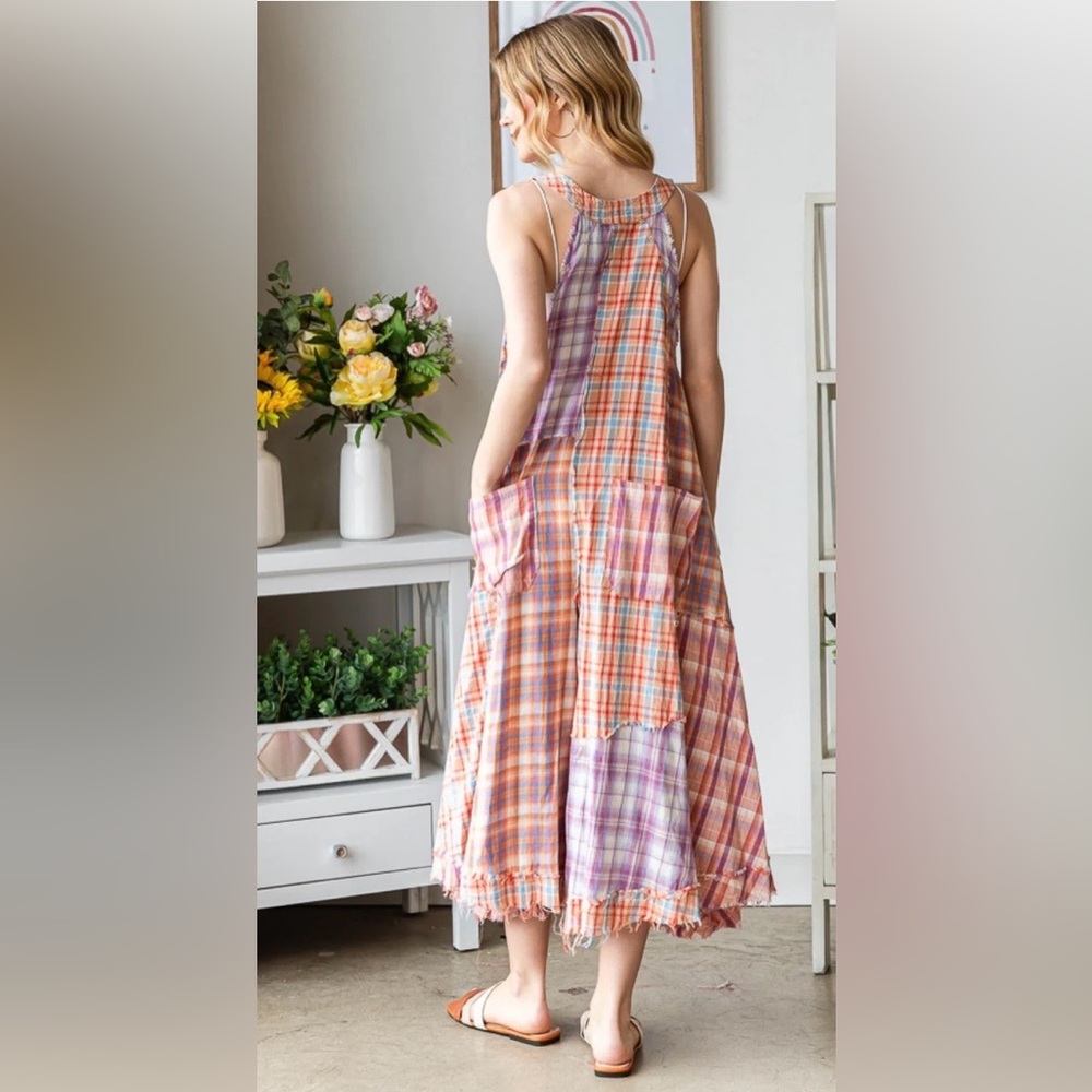 Oli & Hali Mixed Plaid Wide Leg Jumpsuit Large Raw Edge Cotton Boho - Picture 2 of 9
